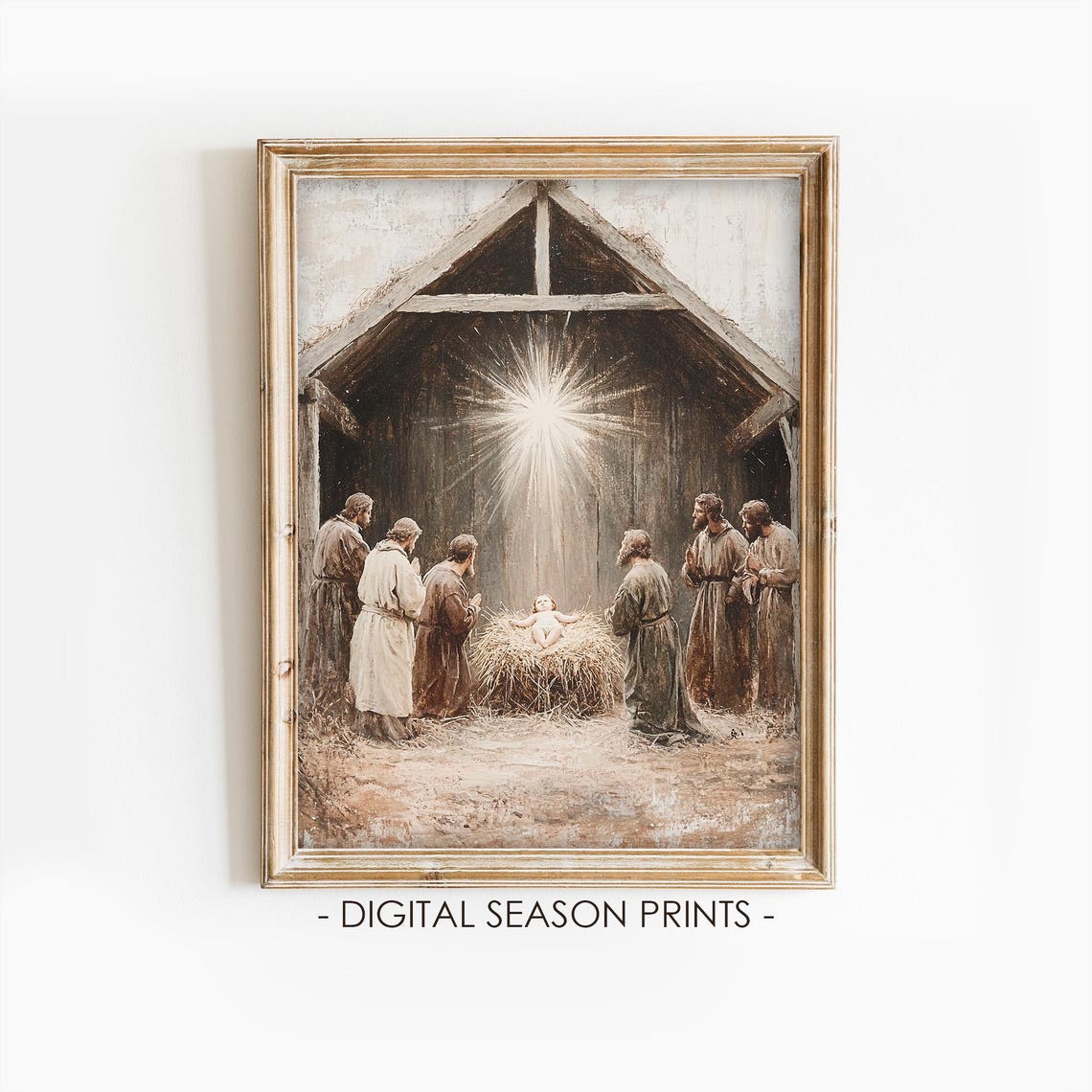 Shepherds Gathered At The Manger Nativity Scene With Star Poster