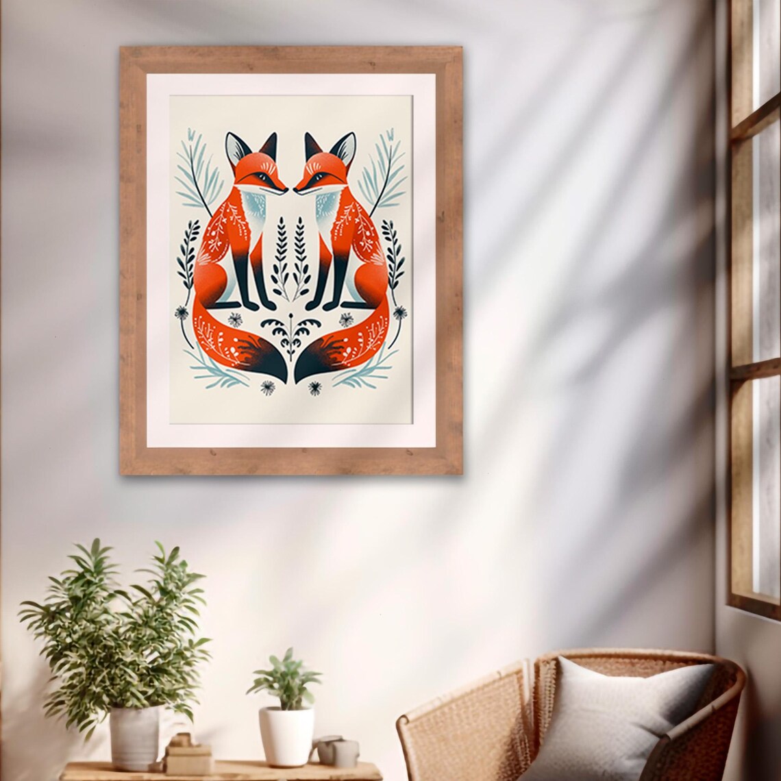 Pair of Mirrored Red Foxes Scandinavian Folk Art Animal Print - Image 2