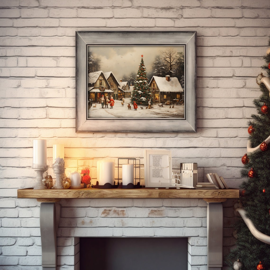 Snowy Christmas Village Square With A Tall Lit Tree Scene Poster - Image 2