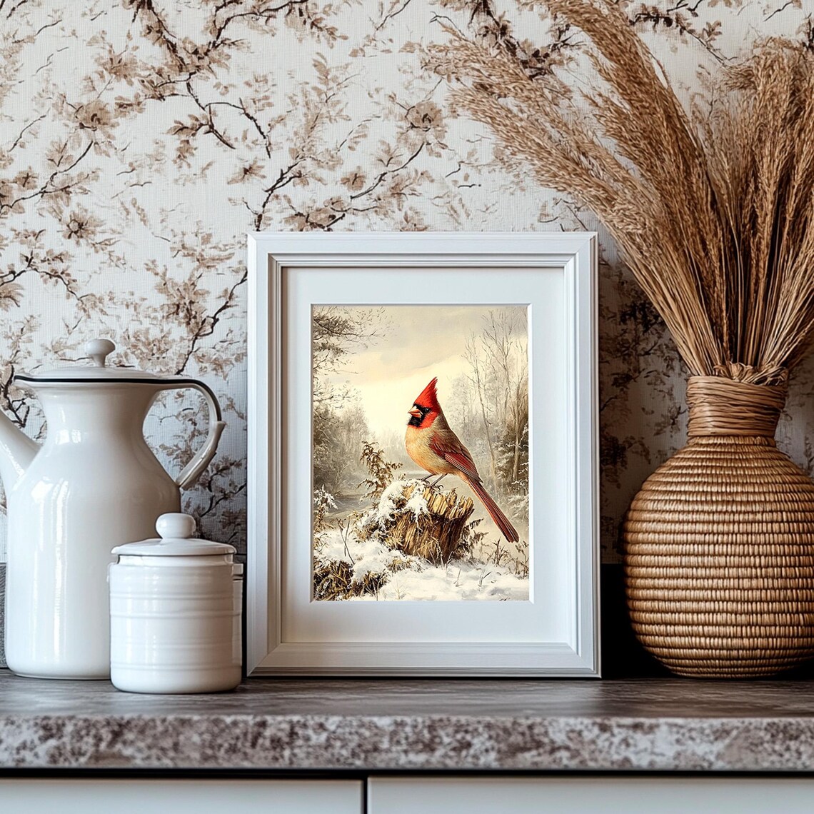 Red Cardinal Snowy Stump Vintage Winter Woodland Bird Painting Poster - Image 4