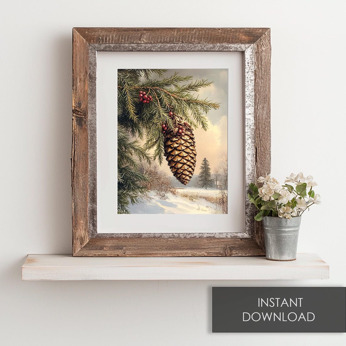 Vintage Pine Cone on Fir Branch Red Berries Snowy Winter Poster - Image 6