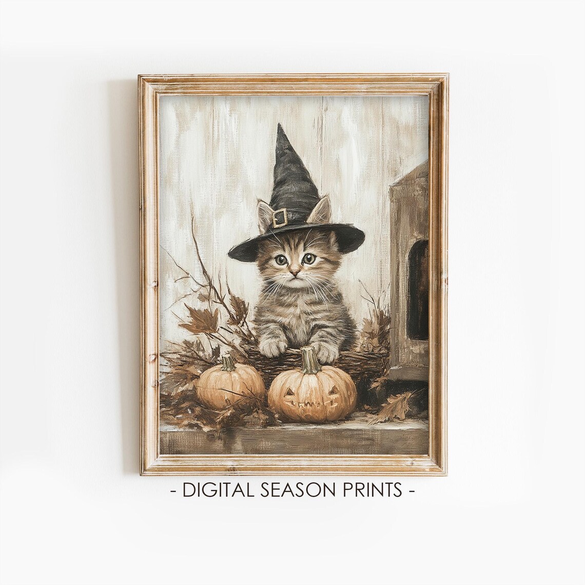Halloween Kitten Witch Hat Jack O Lanterns Vintage Sepia Cat Art Poster