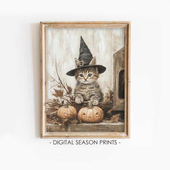Halloween Kitten Witch Hat Jack O Lanterns Vintage Sepia Cat Art Poster