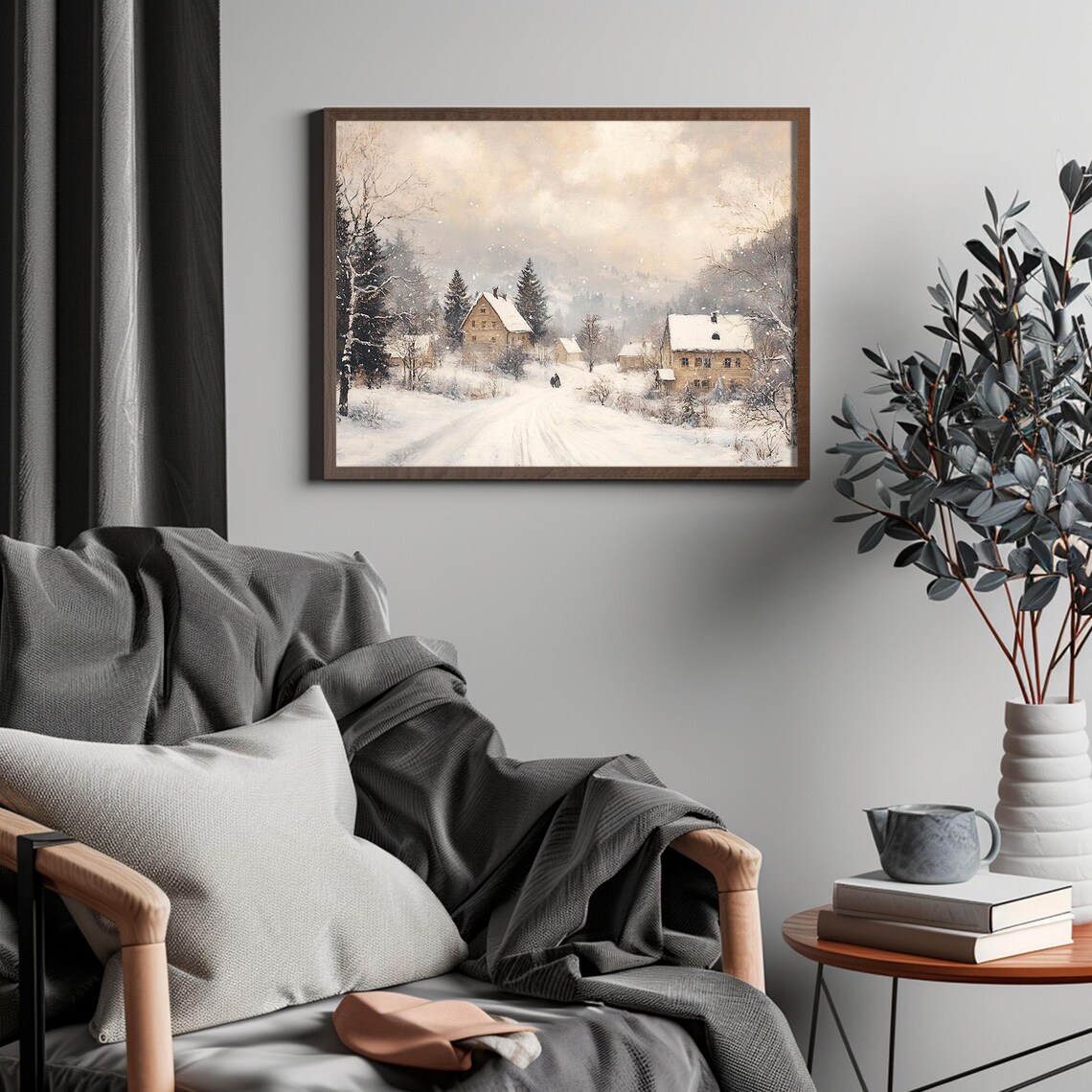 Snowy Country Hamlet Winter Road Sepia Landscape Art Scene Poster - Image 4