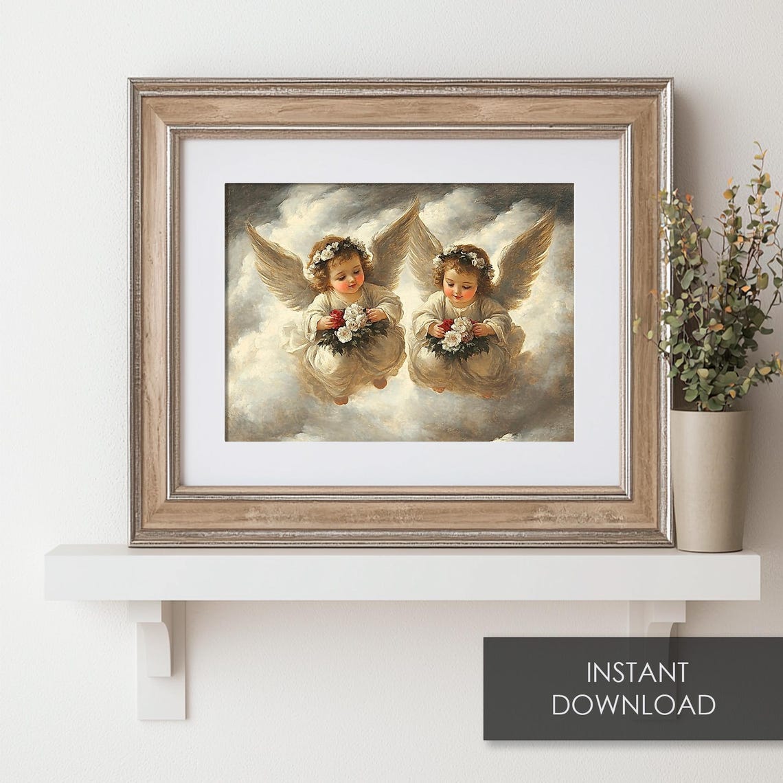 Vintage Cherub Angels in Clouds Holding Flowers Classical Print - Image 6