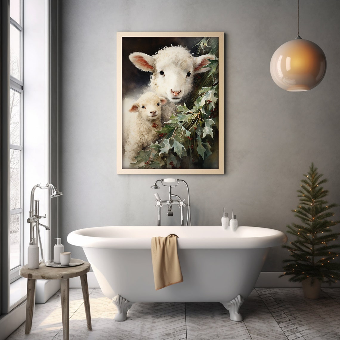 Sweet Lamb and Ewe among Holly Berries on Dark Christmas Poster - Image 4