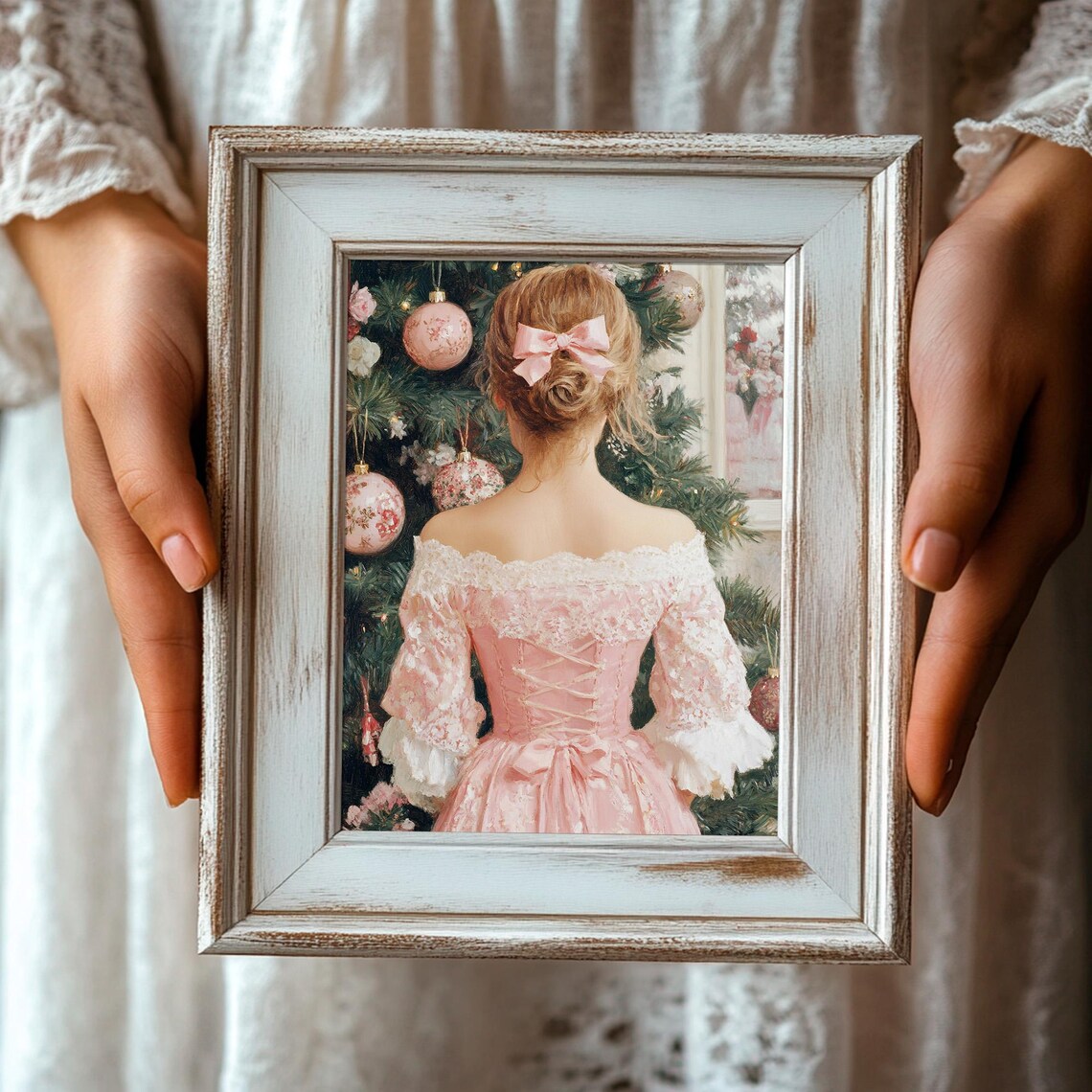 Victorian Lady In Pink Lace Gown Before Christmas Tree Holiday Poster - Image 3