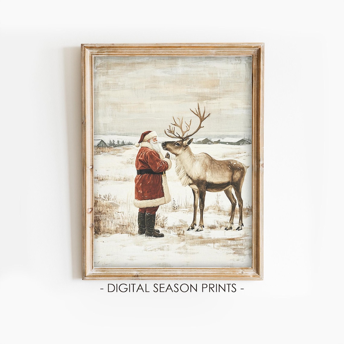 Santa Claus Greeting Reindeer Snowy Field Vintage Christmas Art Print