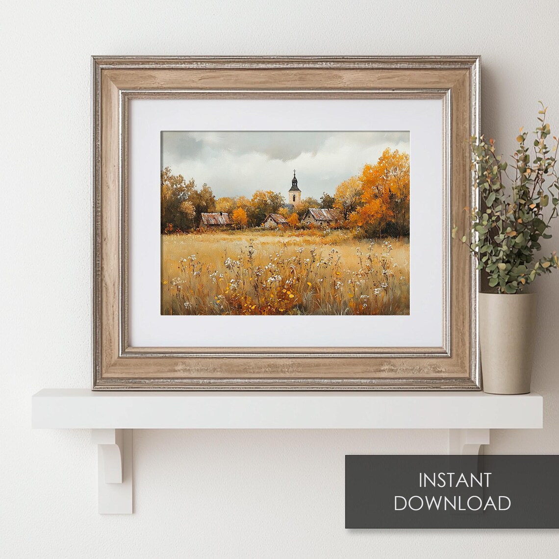Old Village Church Steeple Among Autumn Trees Wildflower Meadow Poster - Image 6