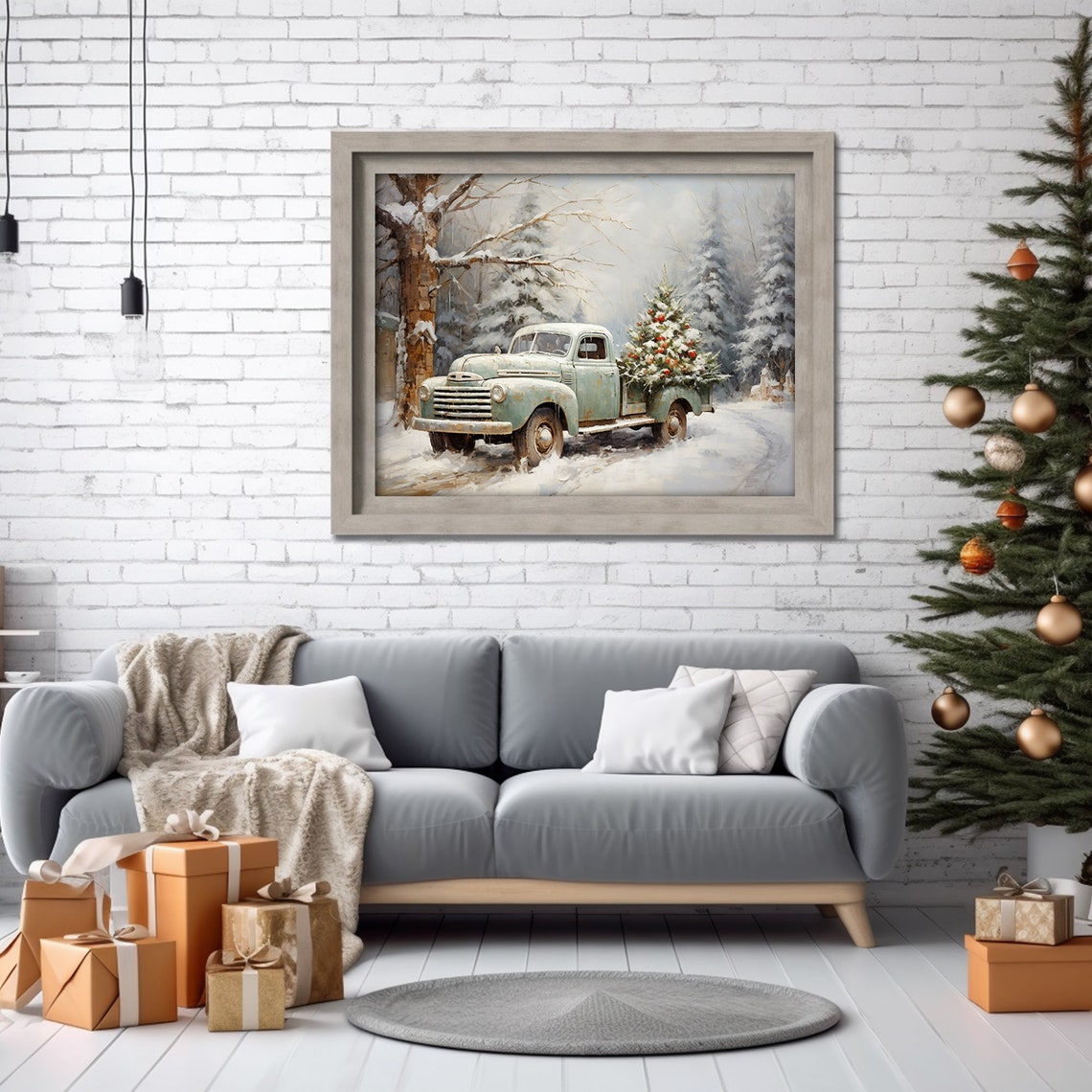 Vintage Pickup Truck Hauling Christmas Tree Snowy Winter Road Poster - Image 2