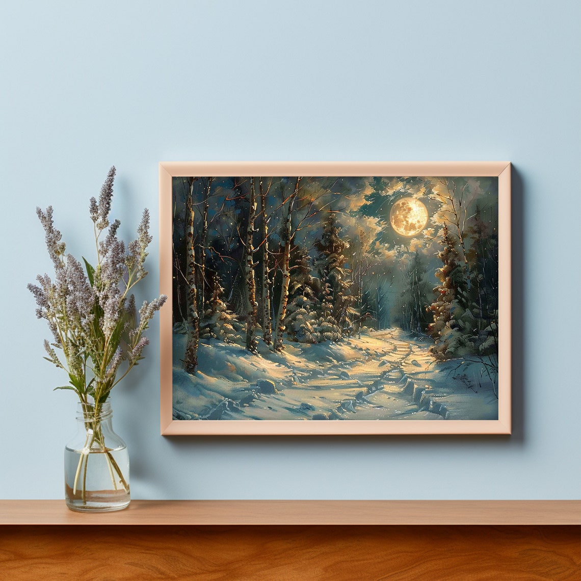 Glowing Full Moon Over A Snowy Winter Forest Trail Scene Poster - Image 5