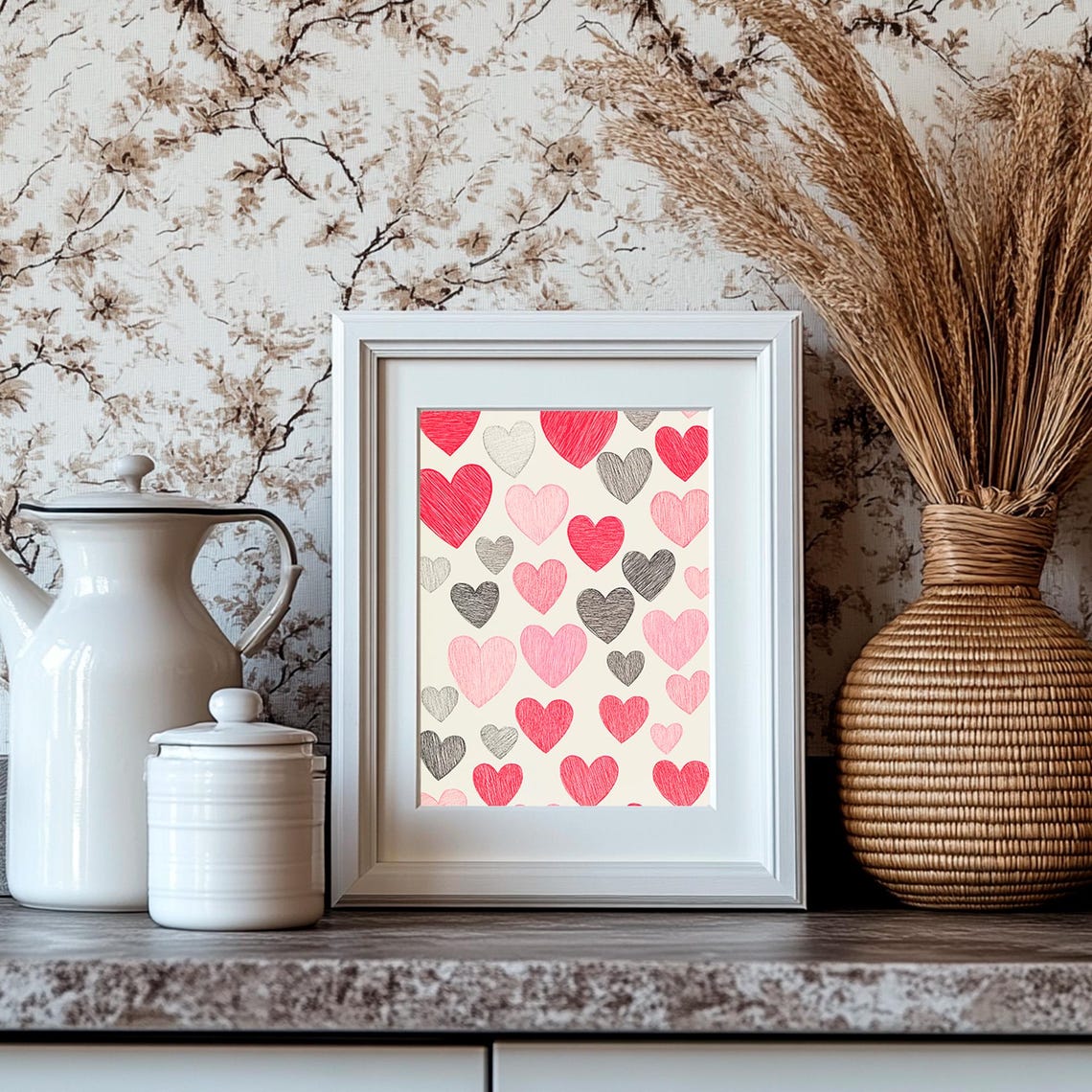 Sketchy Hearts Pattern Red Pink Grey Valentines Day Artistic Print - Image 4