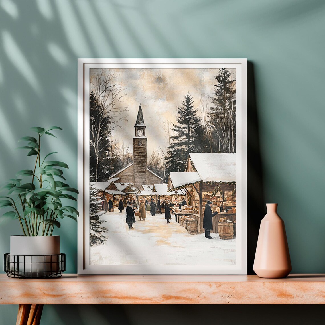 Victorian Christmas Market Country Church Snowy Village Scene Print - Image 4