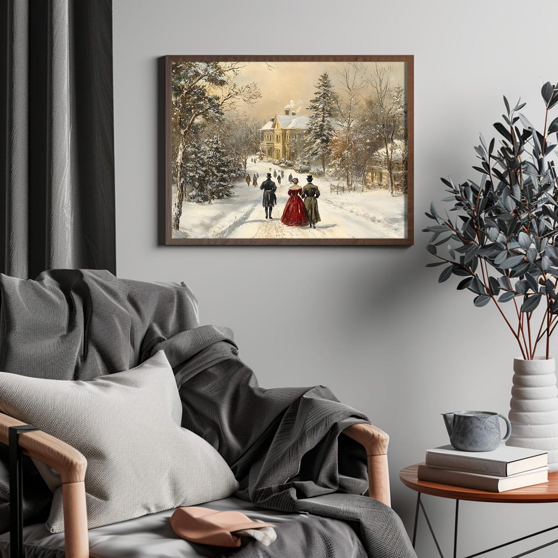 Victorian Couple Snowy Manor Estate Winter Walk Scene Poster - Image 4