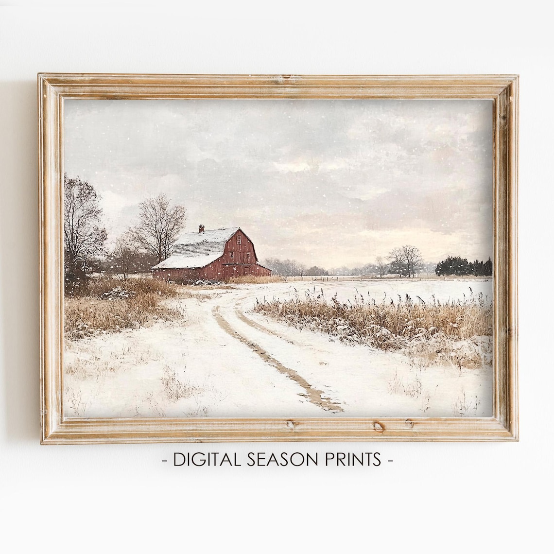 Winter Red Barn Snowy Field Farmhouse Countryside Landscape Poster