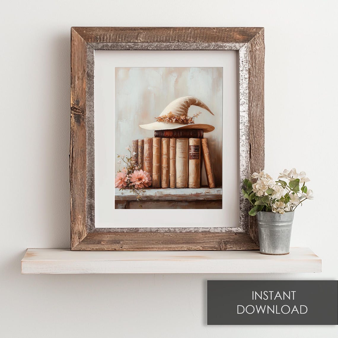 Witch Hat on a Stack of Vintage Books with Pink Flowers Poster - Image 6