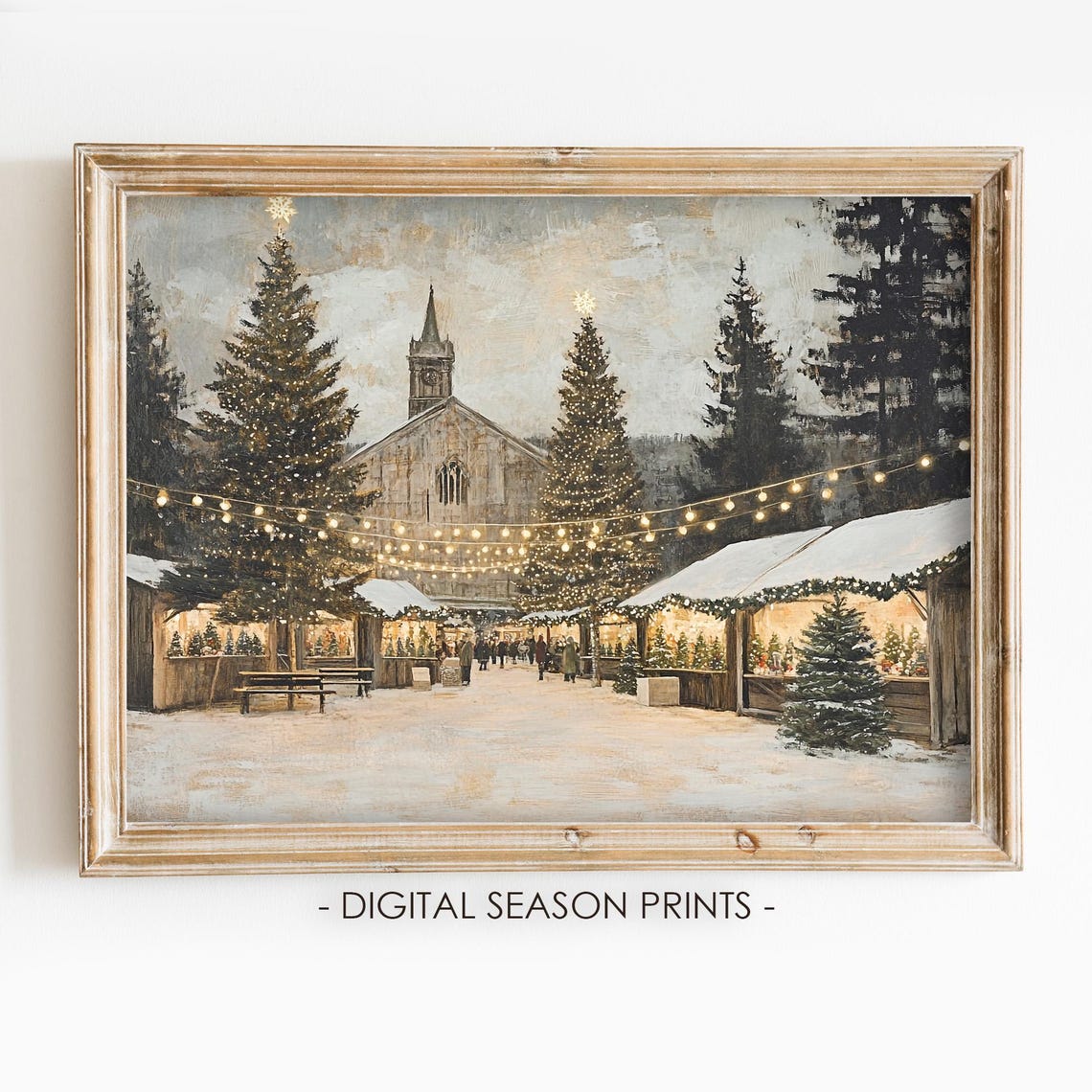 Christmas Market Vintage Christmas Town With Gothic Church Print Christmas Village Wall Art Winter Painting