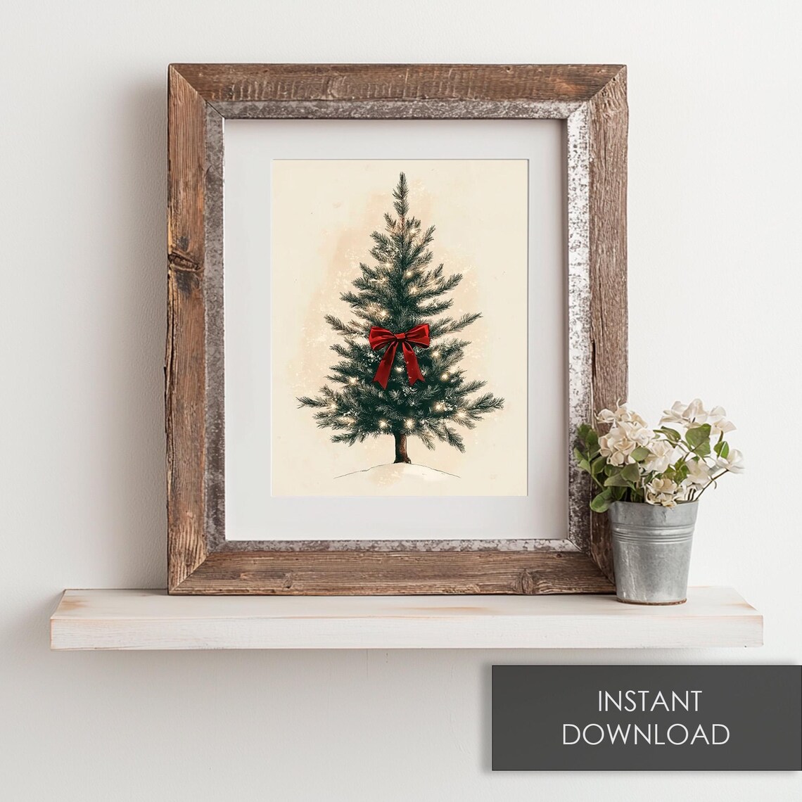 Christmas Tree Red Bow Fairy Lights Minimal Vintage Holiday Poster - Image 6