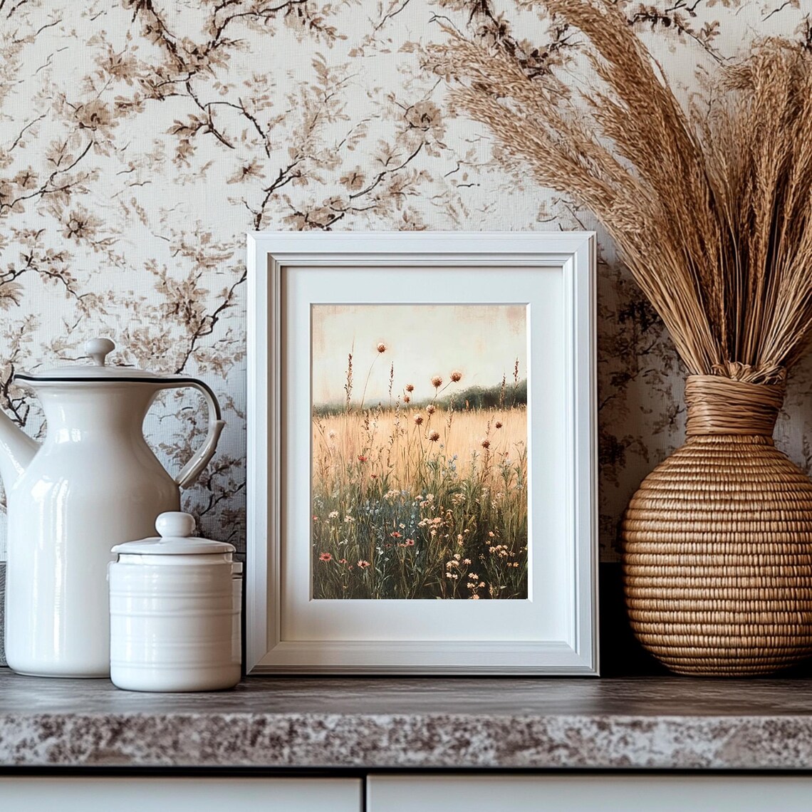 Golden Wildflower Meadow Tall Grasses Morning Mist Rustic Field Poster - Image 4
