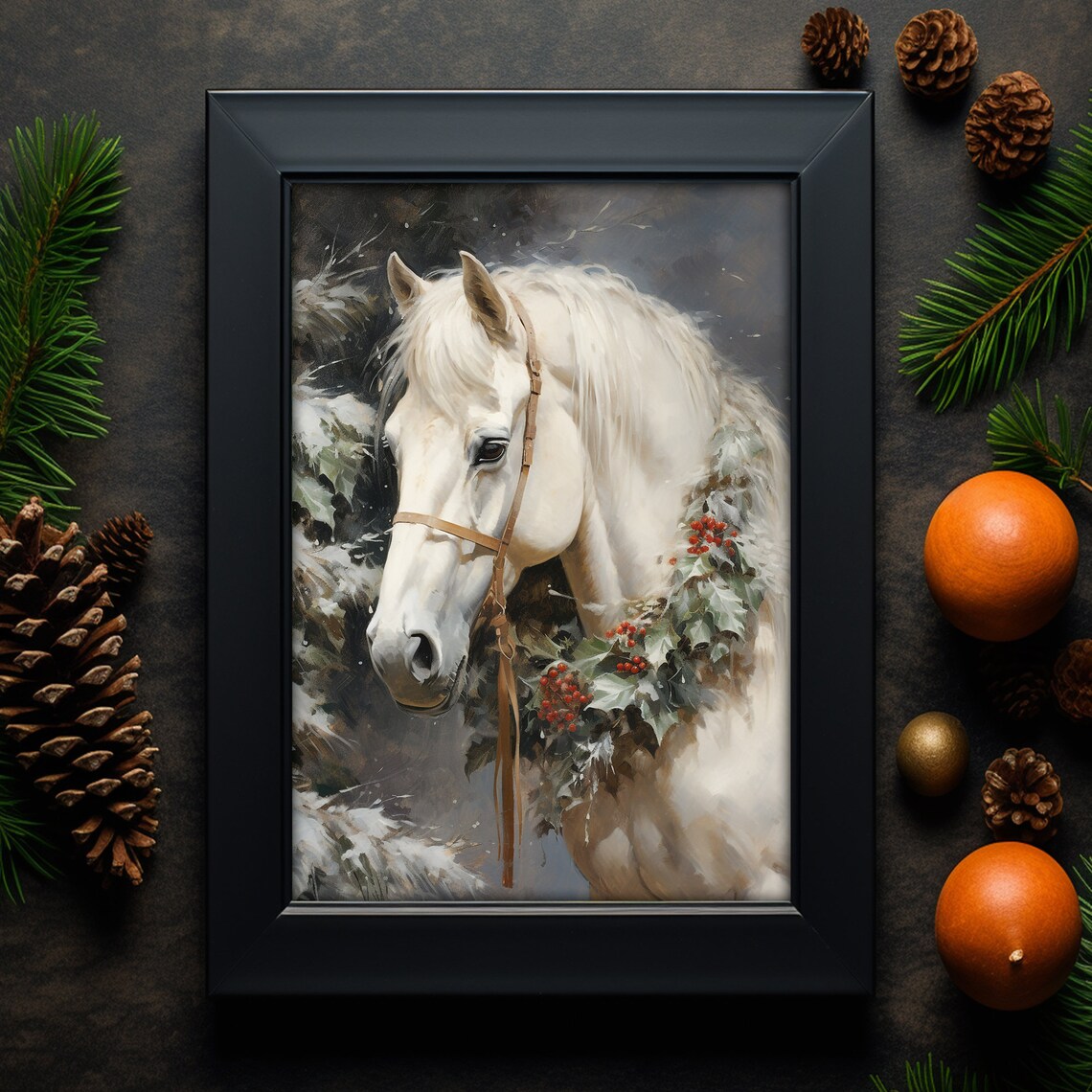 White Christmas Horse Wearing Holly Berry Wreath Winter Poster - Image 5