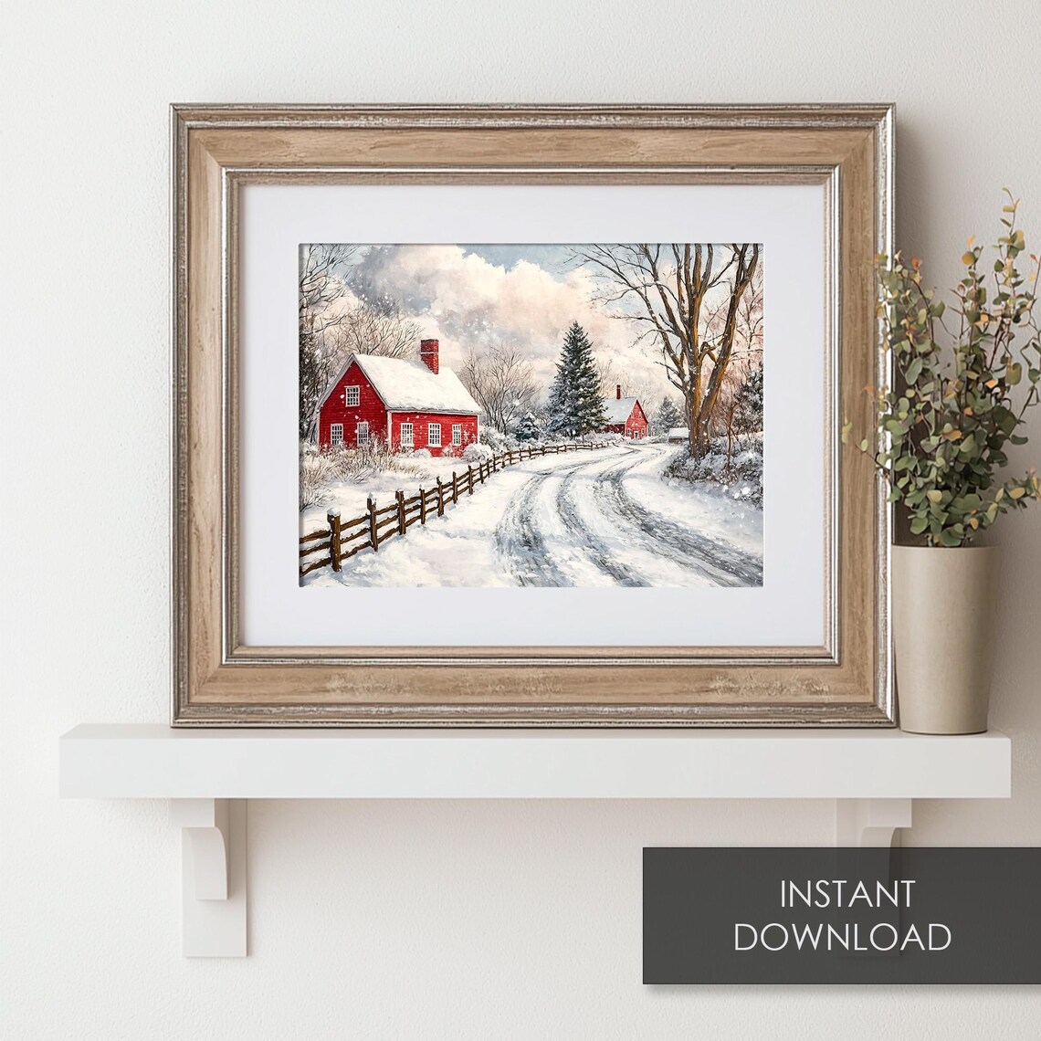 Red Farmhouses Along Snowy Country Road In Winter Vintage Painting Poster - Image 6