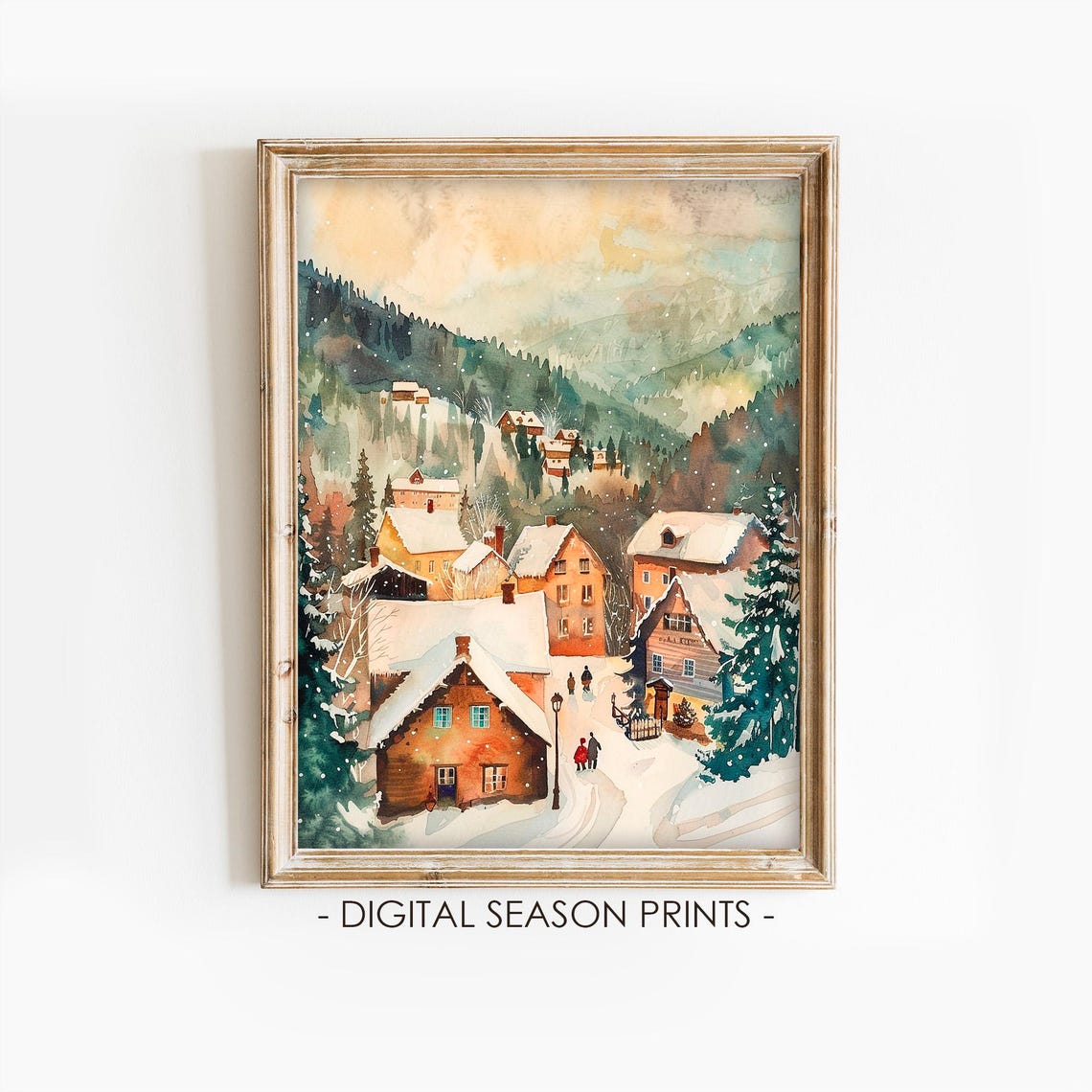Snowy Christmas Village Watercolor Warm Houses Holiday Wall Art