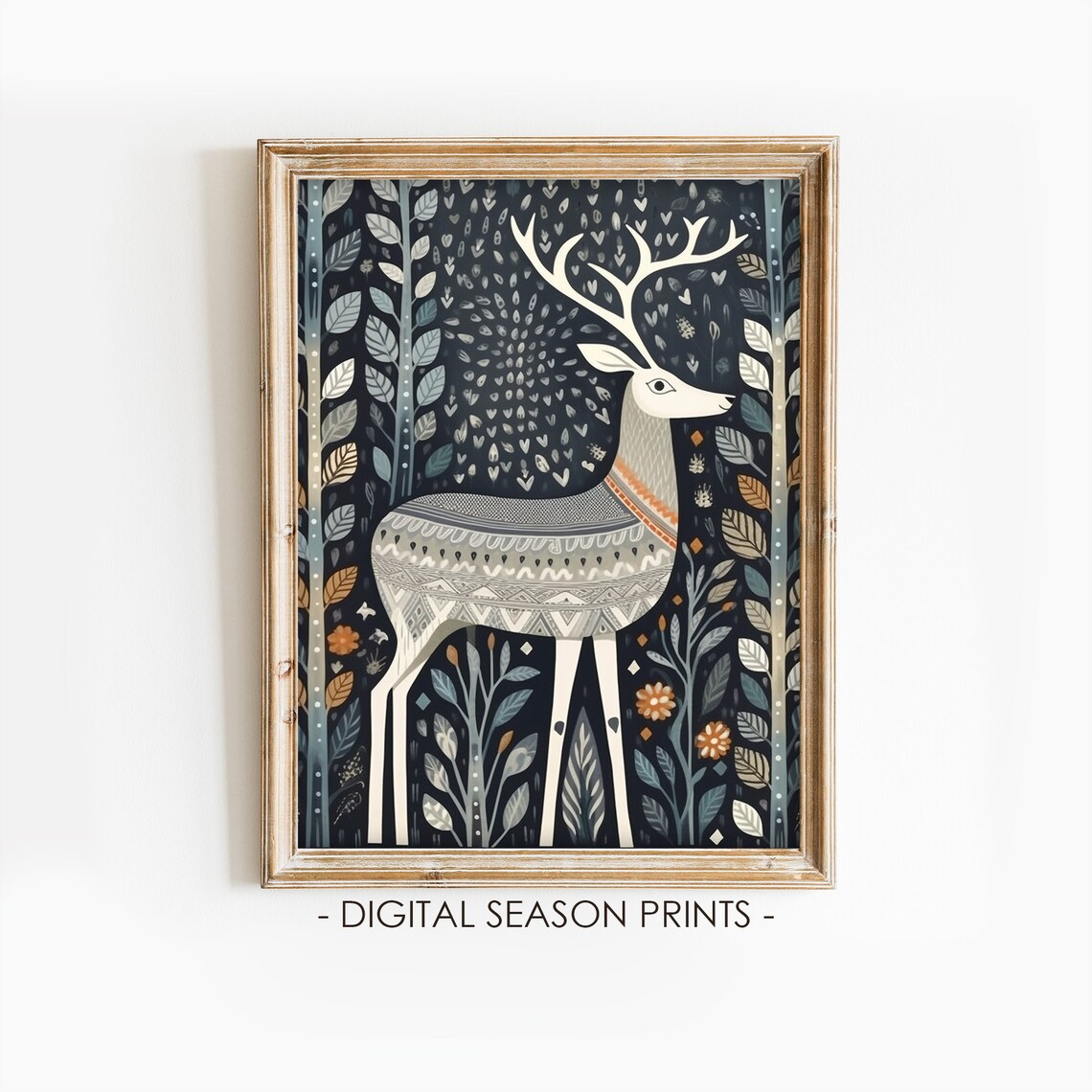 Scandinavian Folk Art Deer on Dark Forest Nordic Animal Print