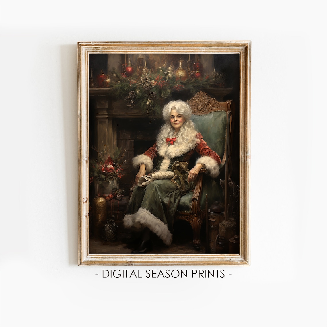 Mrs Claus Seated by a Decorated Fireplace Vintage Christmas Art Poster