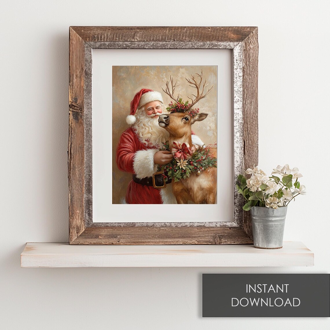 Vintage Santa Claus With Reindeer Wearing Christmas Wreath Poster - Image 6