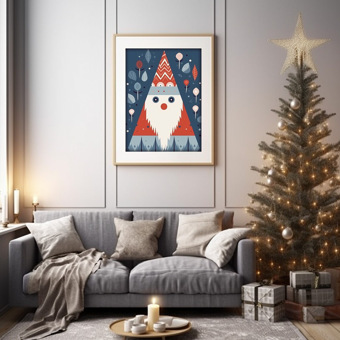 Scandinavian Folk Art Santa Geometric Christmas Nursery Poster - Image 4