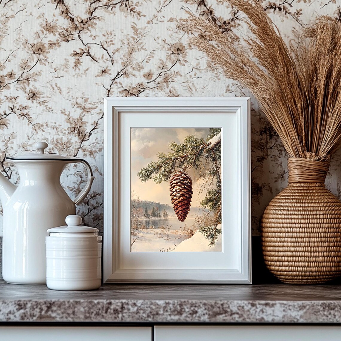 Snowy Pine Cone Hanging From Pine Branch Over Winter Lake Painting Poster - Image 4