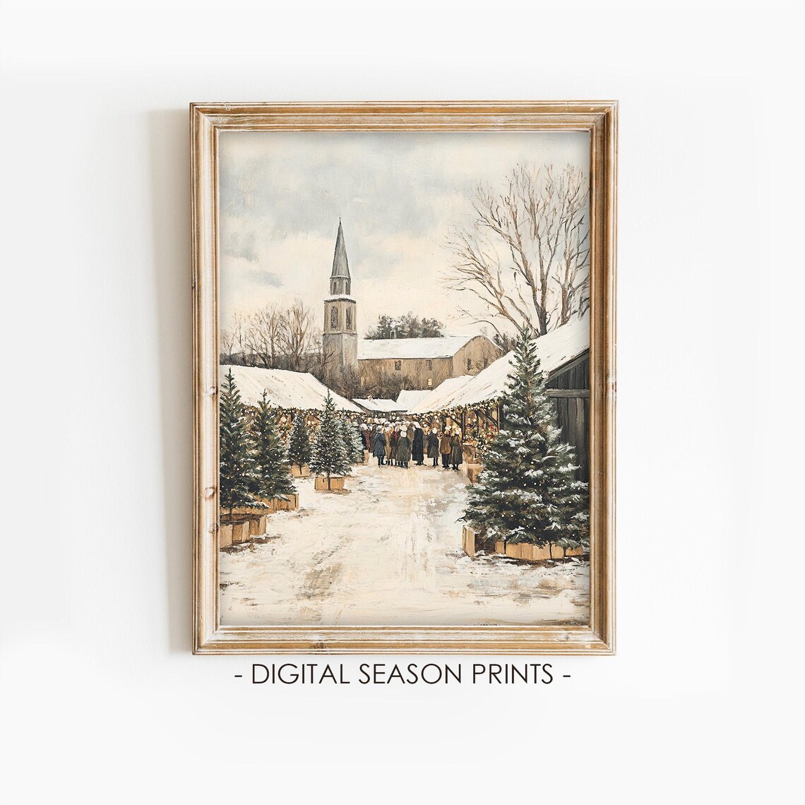 Snow Covered Christmas Tree Market Beside A Church Steeple Poster