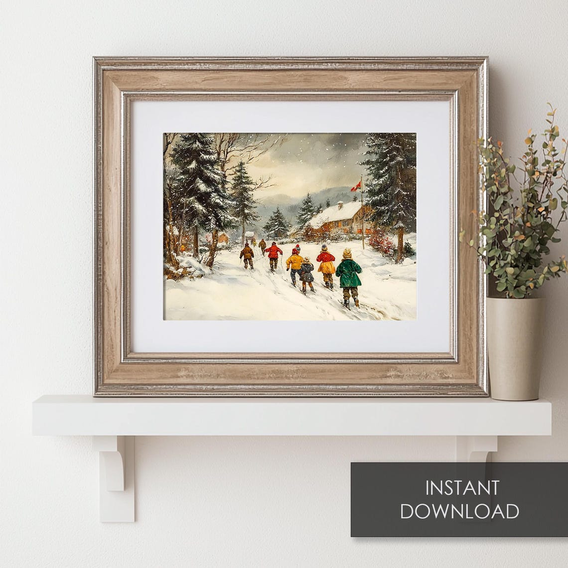 Children Skiing to Mountain Lodge Vintage Winter Scene Poster - Image 6