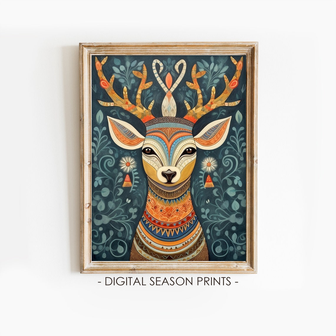 Colorful Folk Art Deer Portrait with Patterned Antlers Print