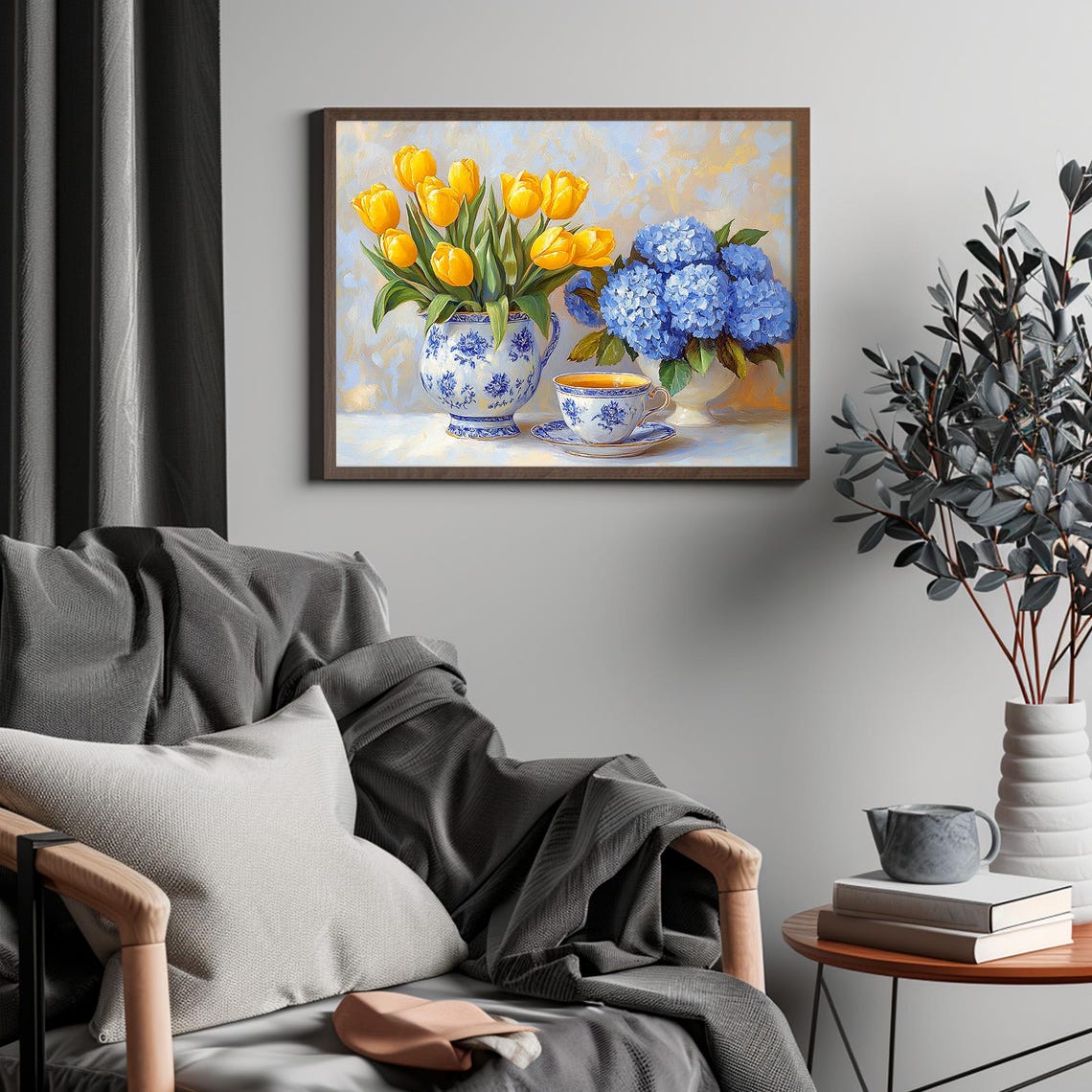 Yellow Tulips And Blue Hydrangeas Spring Floral Still Life Poster - Image 4