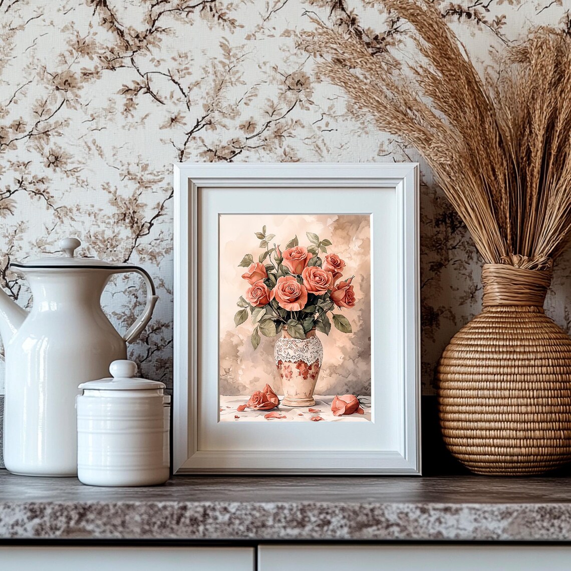 Coral Roses Lace Vase Vintage Floral Bouquet Still Life Art Print - Image 3