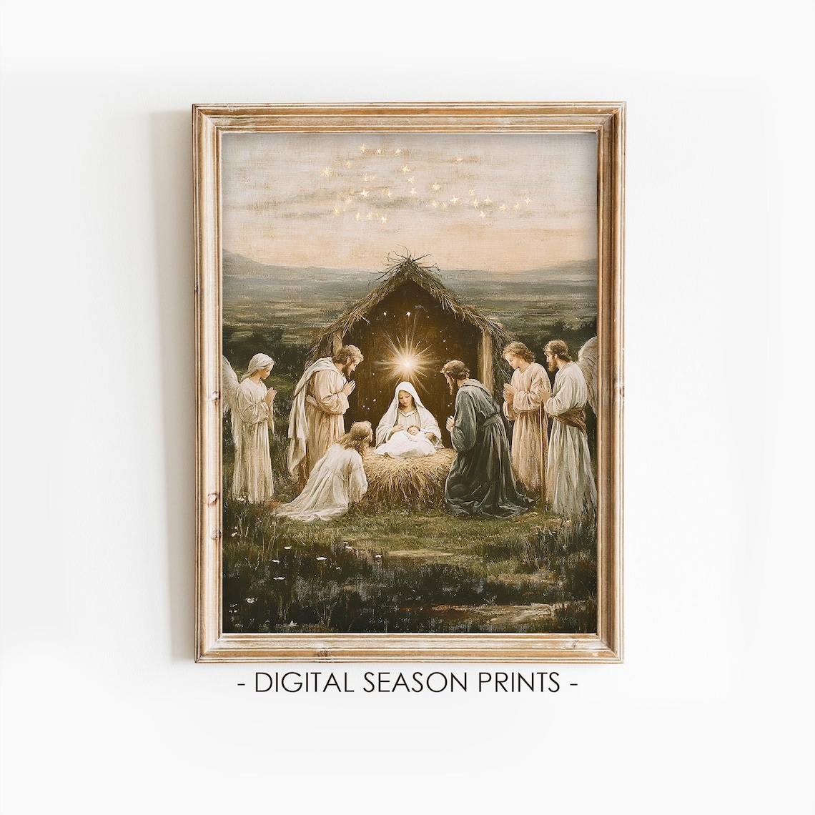 Vintage Nativity Scene Starry Night Oil Painting Christmas Art Print