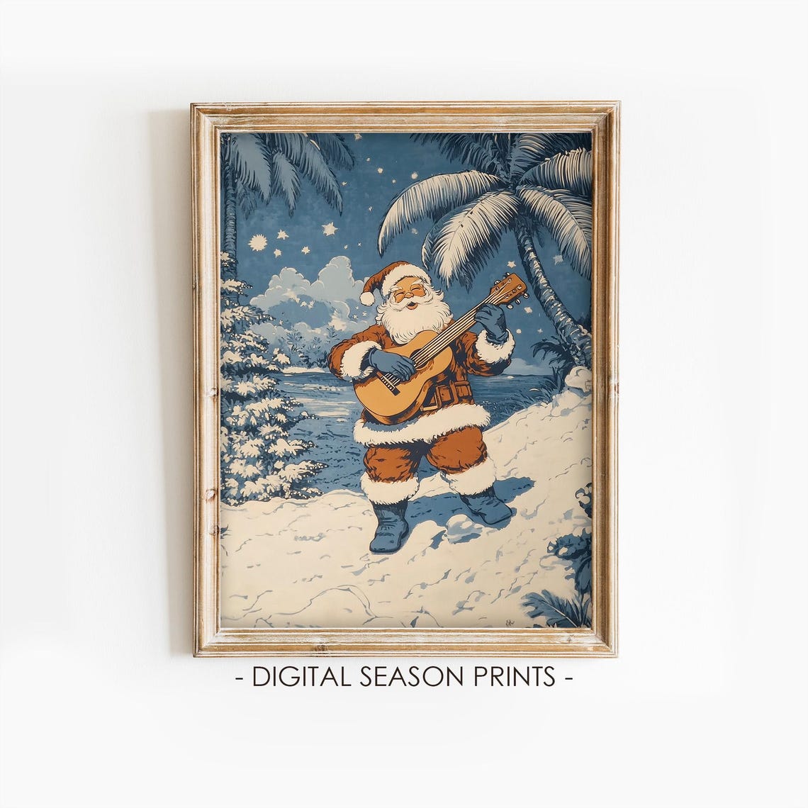 Santa Claus Playing Guitar Under Palm Trees Tropical Night Poster