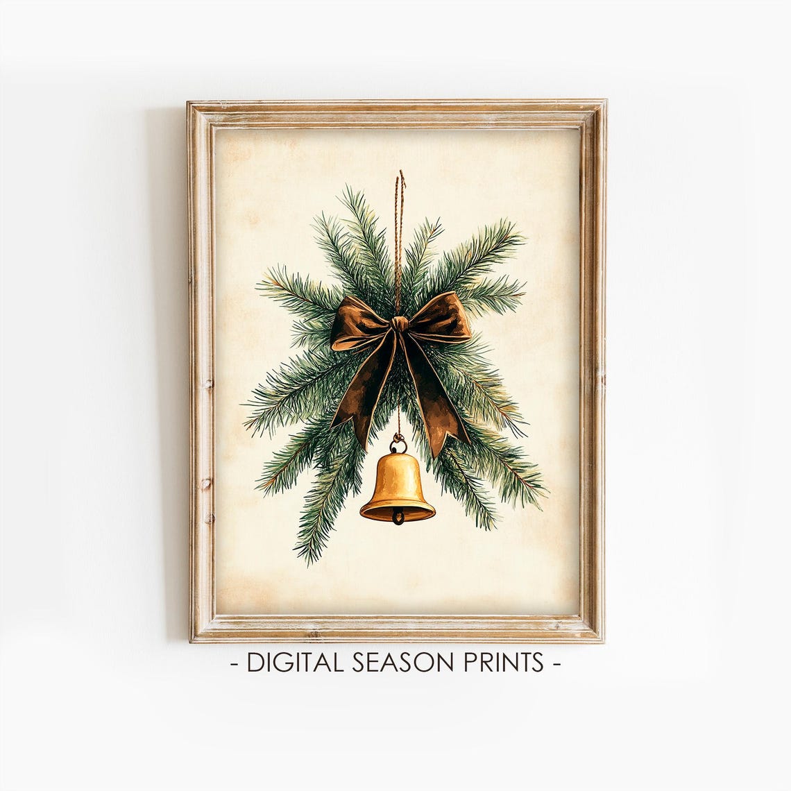 Vintage Golden Christmas Bell With Pine Branches And Bow Poster