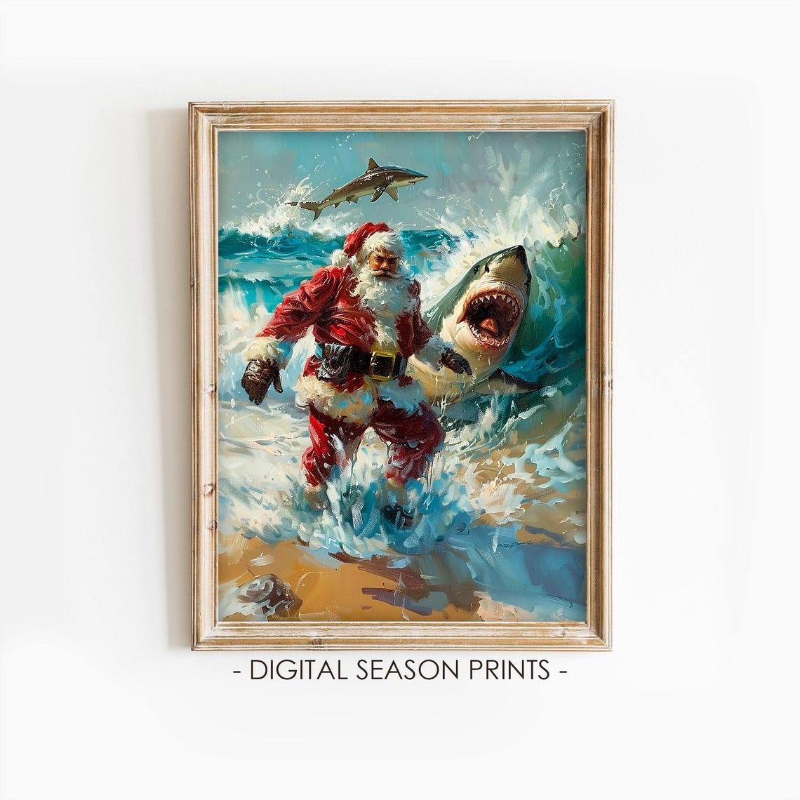 Funny Santa Running From Sharks Tropical Beach Christmas Print
