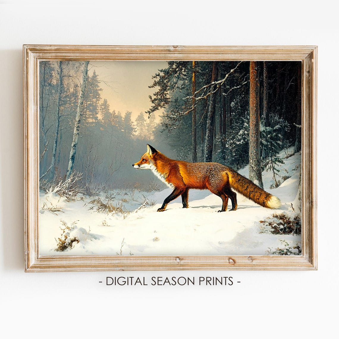 Red Fox Walking in Snowy Winter Forest Vintage Wildlife Poster