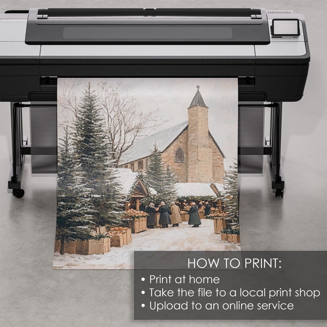 Snowy Christmas Market Stalls In Front Of A Stone Church Poster - Image 5