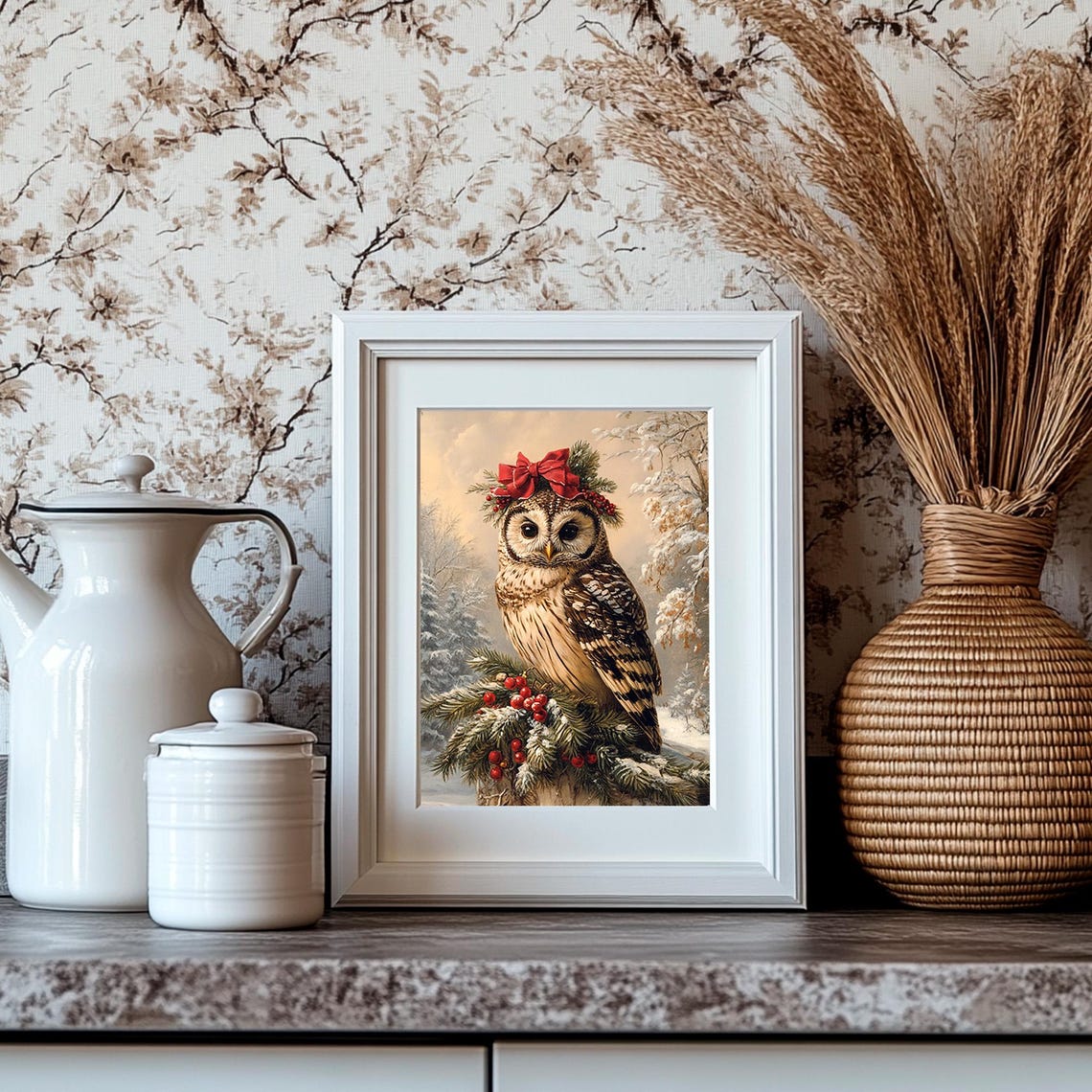 Christmas Owl With Red Bow And Berries Snowy Vintage Winter Print - Image 4