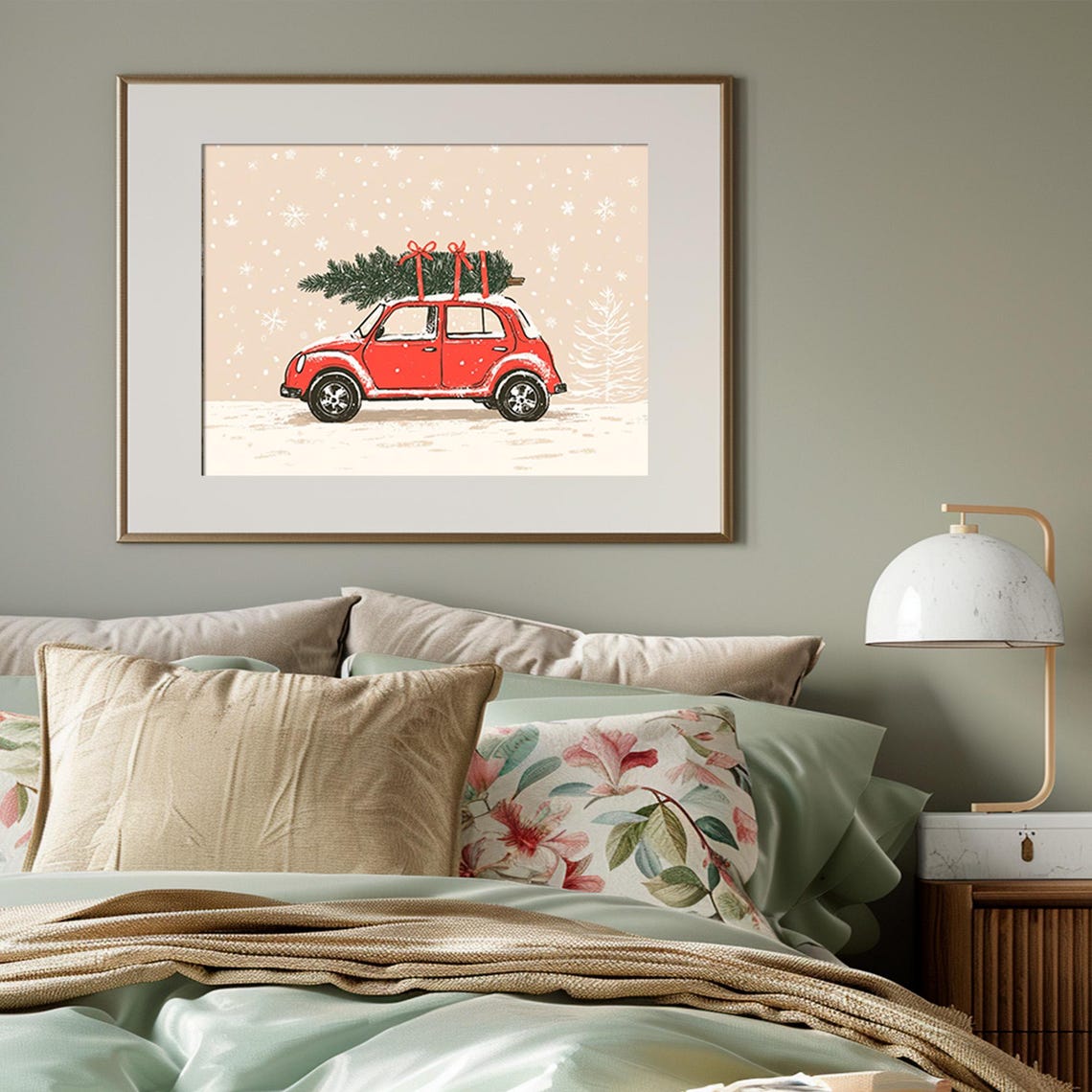 Red Vintage Car Christmas Tree Roof Snowy Winter Drive Poster - Image 3