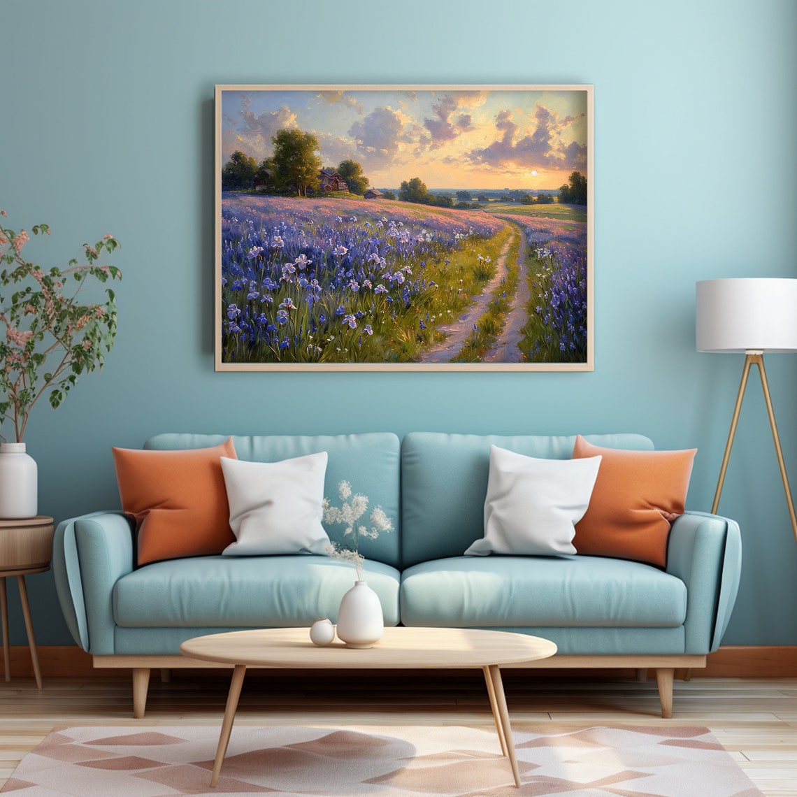 Evening at the Iris Field Purple Flowers Sunset Landscape Poster - Image 3