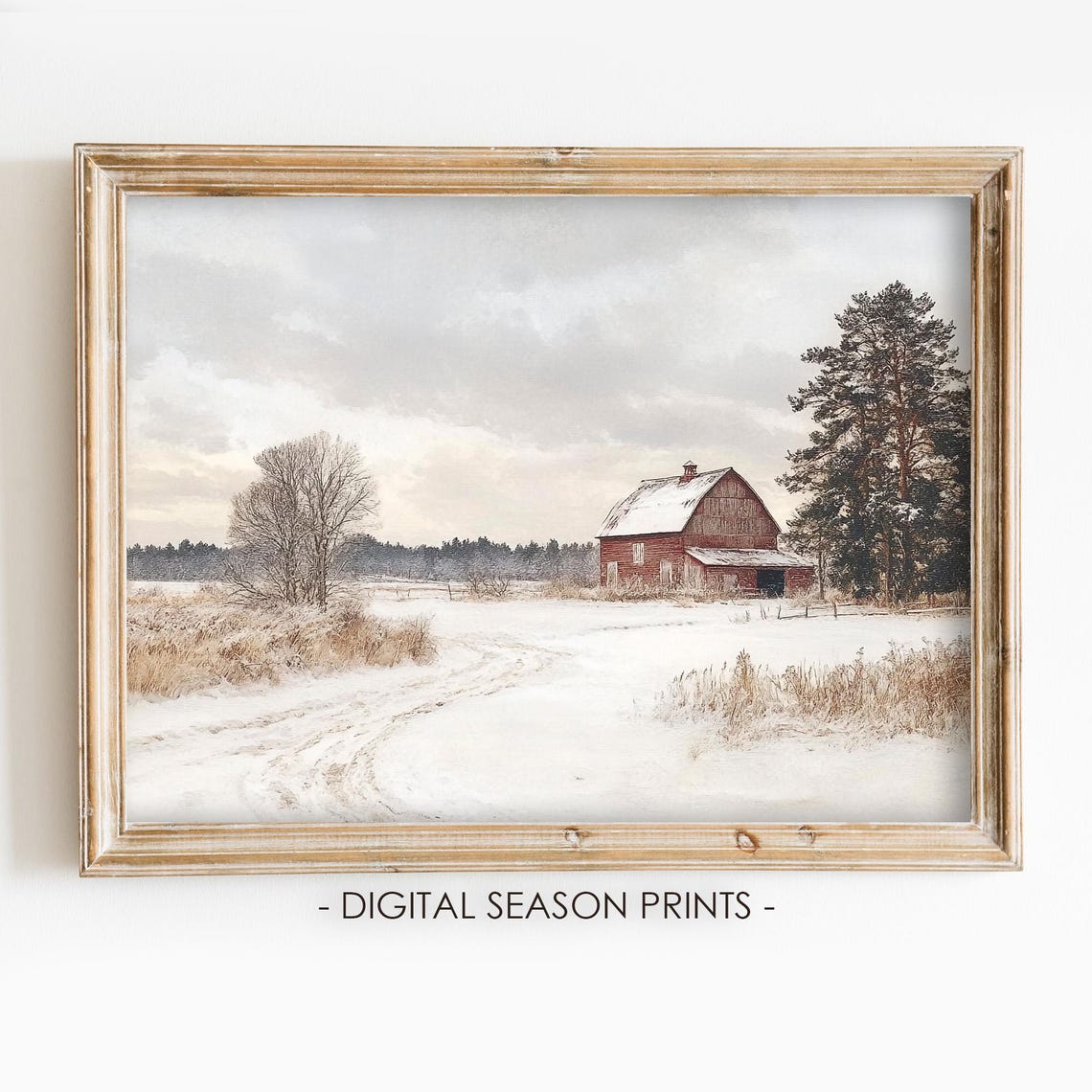 Red Barn in Snowy Winter Field Country Landscape Vintage Poster