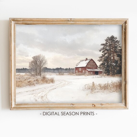 Red Barn in Snowy Winter Field Country Landscape Vintage Poster