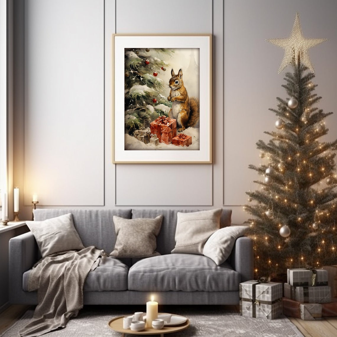 Red Squirrel With Christmas Gifts Under Snowy Pine Tree Print - Image 5