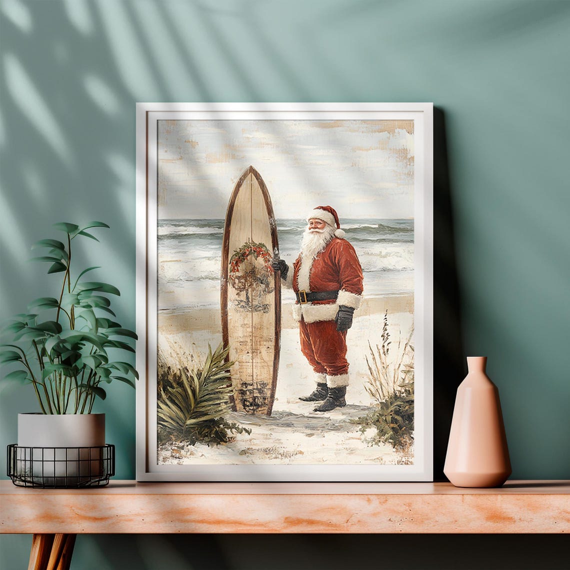 Santa Surfboard Beach Tropical Christmas Wreath Board Art Poster - Image 4