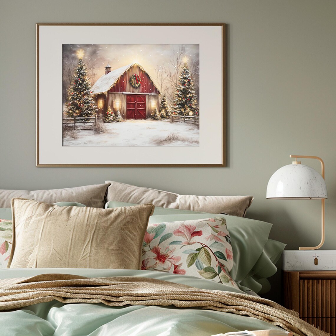 Red Christmas Barn Glowing Trees Snowy Farmhouse Winter Night Poster - Image 4